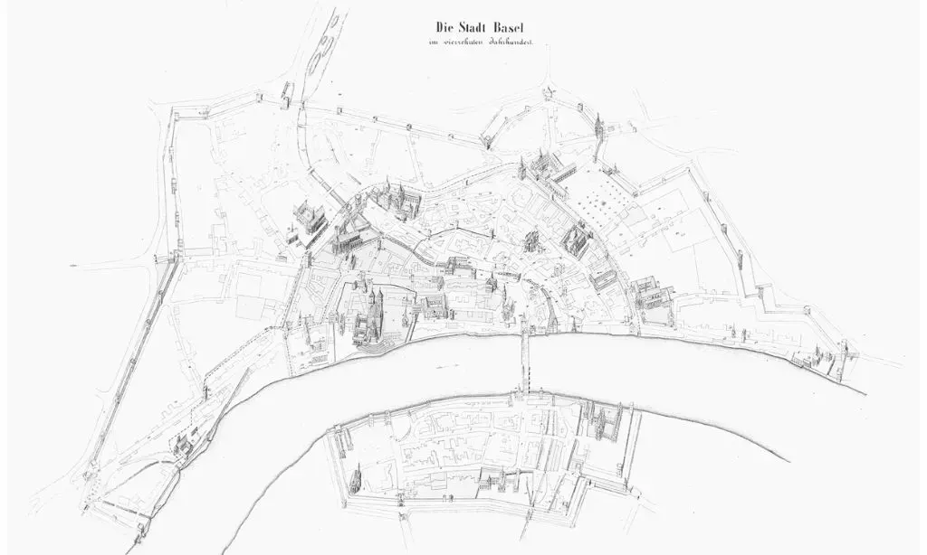 Plan der Stadt Basel im 14. Jahrhundert von Nordosten, nach 1356