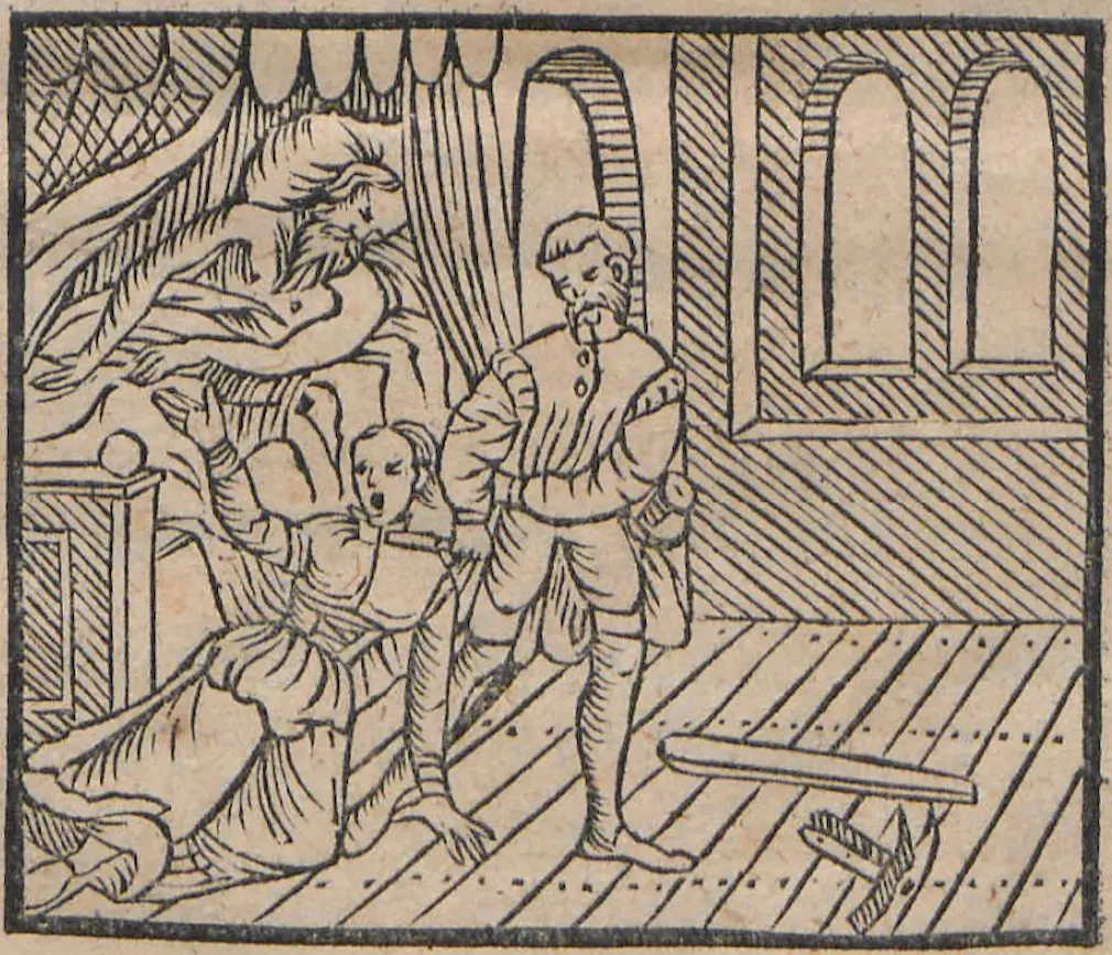 Der Titelholzschnitt aus dem Druck von Matthes Stöckel, d.Ä. (Dresden, 1566) mit den Hauptfiguren der Liedflugschrift: Paul Schumacher (r), die junge Sara Falkeisen (u) und ihr Grossvater Andreas Hager im Hintergrund.