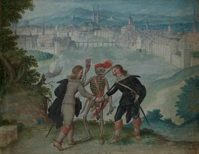 Anonym, Zwei Kavaliere und der Tod vor Basel, 17. Jahrhundert.