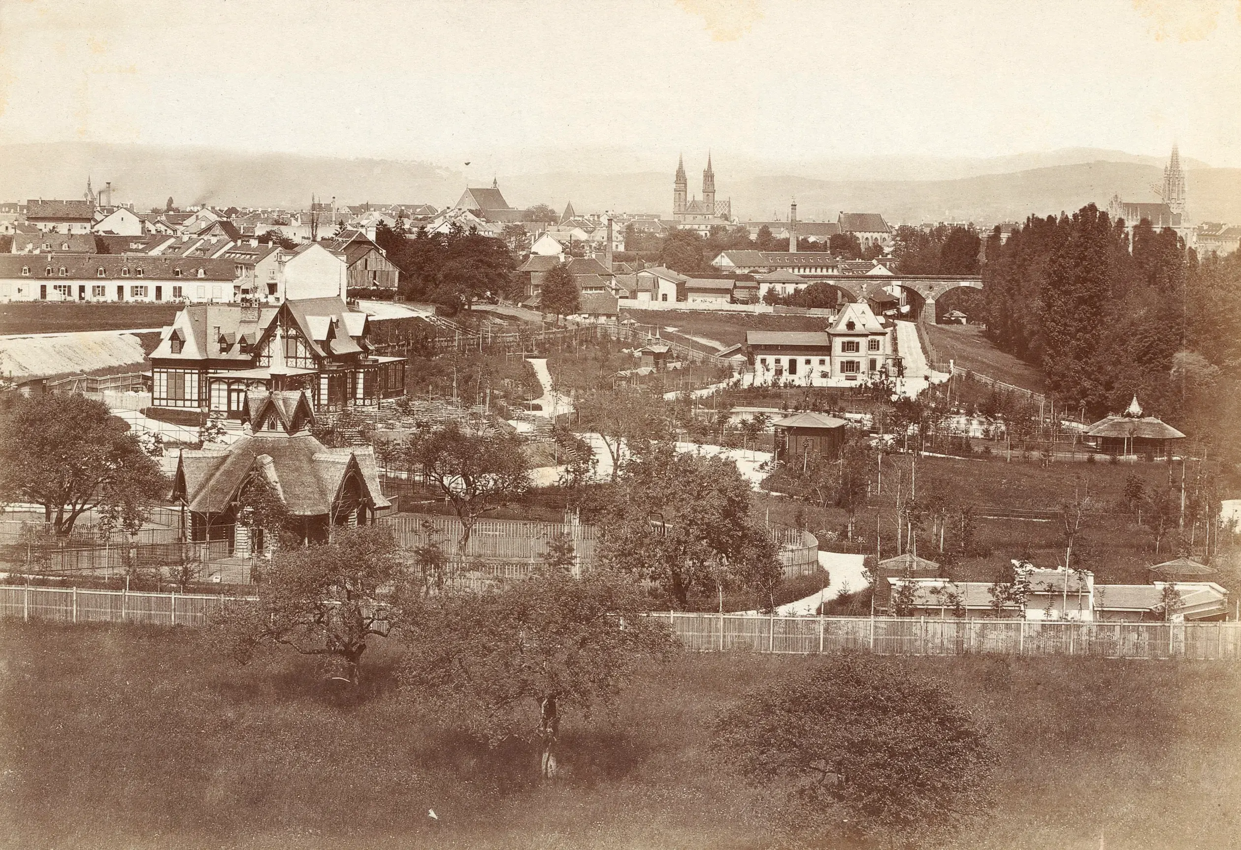 Panorama des Zoologischen Gartens Basel mit der Stadt Basel im Hintergrund 1874.