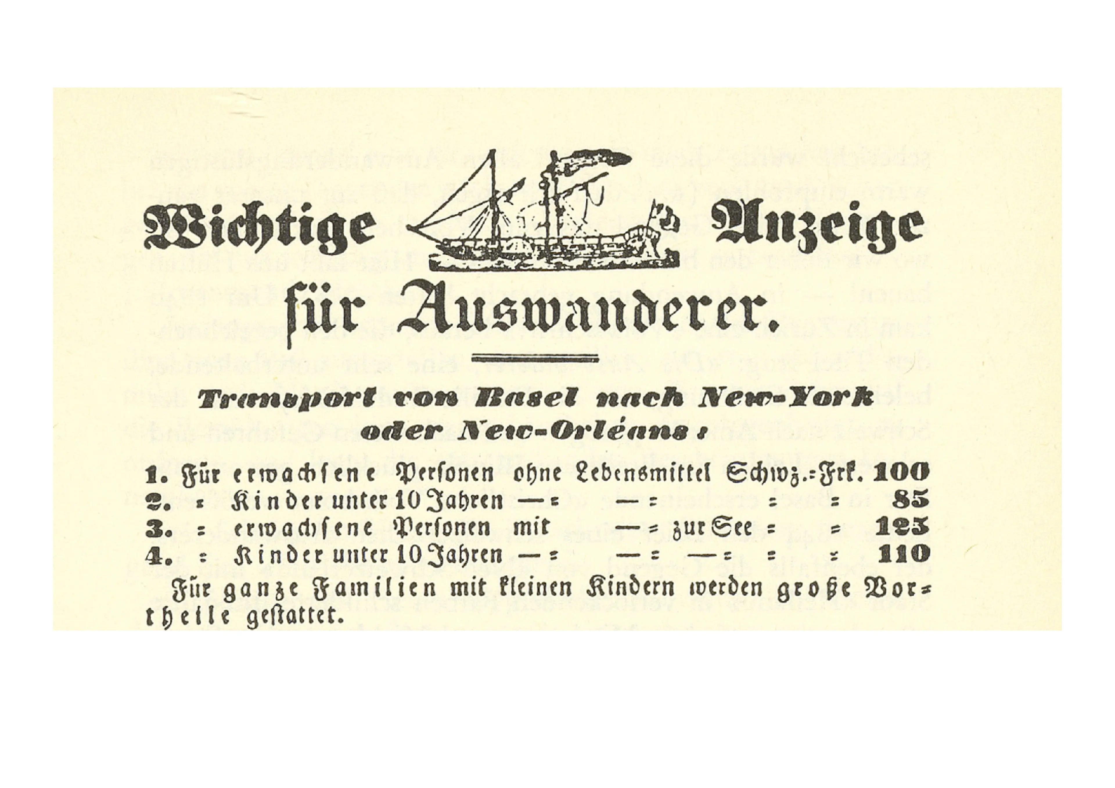 Anzeige mit Preisen für die Überfahrt nach Amerika in Basel um 1845.